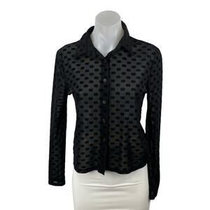 Edikted Womens Black Check Blocks Long Sleeve Sheer Button Down Shirt Top Size 1